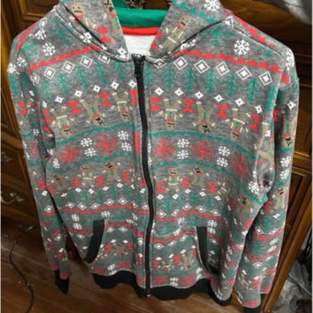 Men's Holiday Zip-Up Hoodie Sweater in Gray with Red & Green Accents